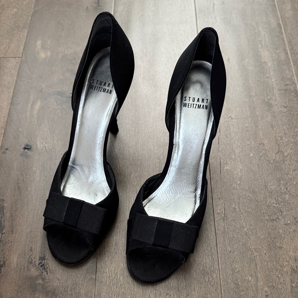 Stuart Weitzman Women’s 7.5 Black Satin Bow d’Orsay Peep Toe Evening Heels